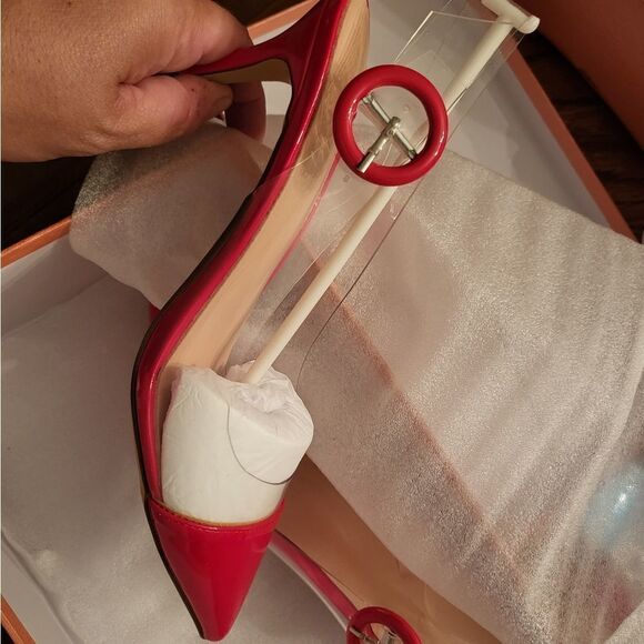 NIB YODEK Transparent Slingback Mid Kitten Heel Patent Leather Pumps Pointed Toe - Picture 8 of 9